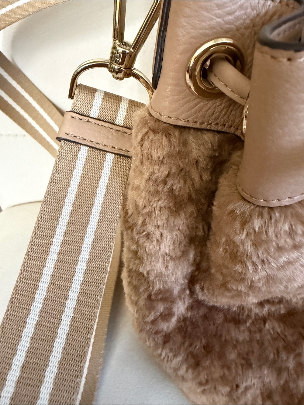kate spade Brown Faux Fur Drawstring Crossbody w/Striped Strap with coin purse - Picture 3 of 9